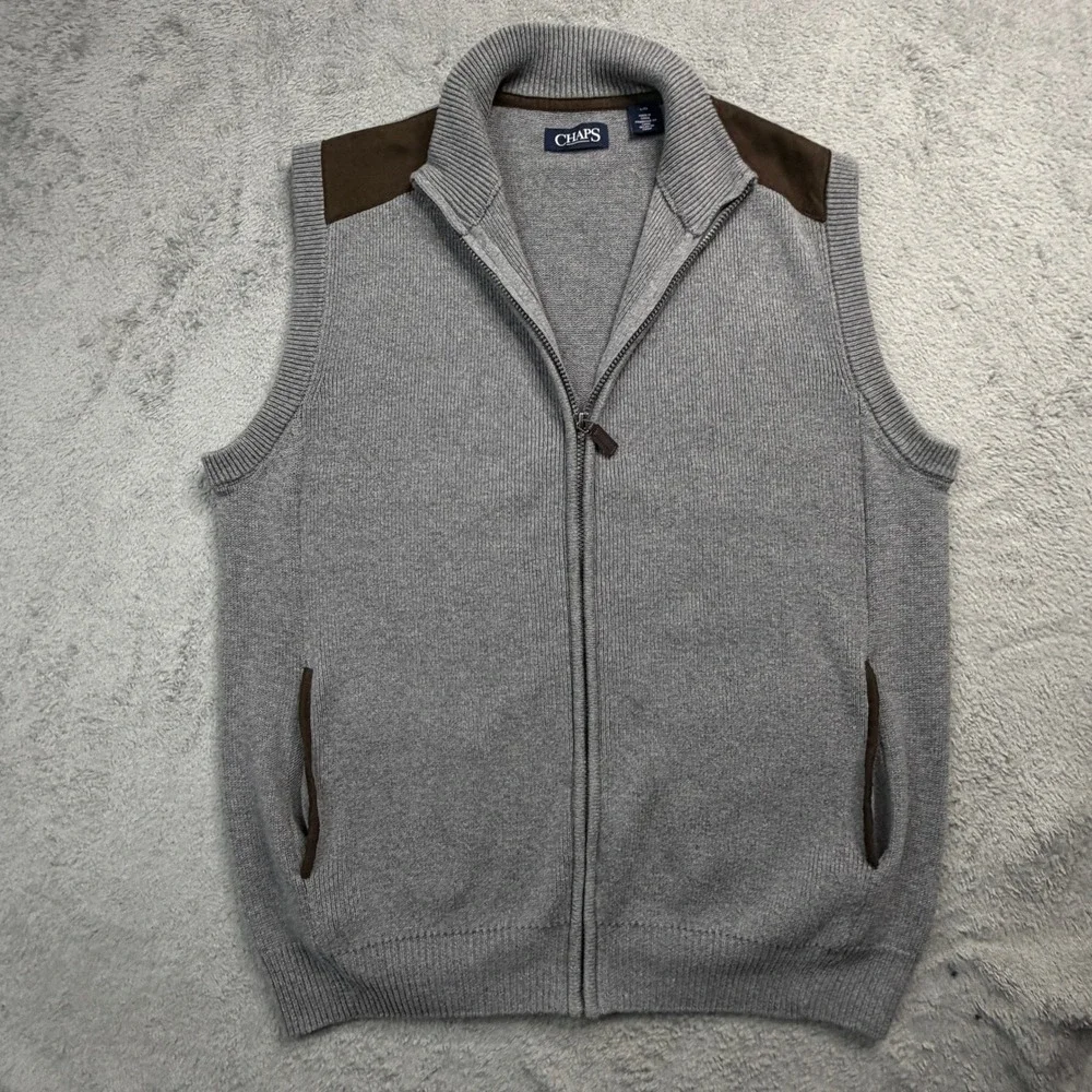 Chaps Mens Gray Full Zip Cotton Sweater Vest Mock Neck Suede Trim Large EUC!